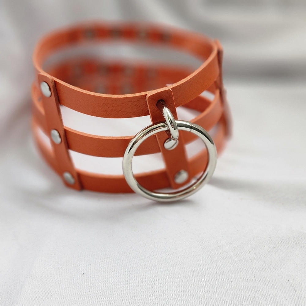 Orange Leather Choker with Silver Accents